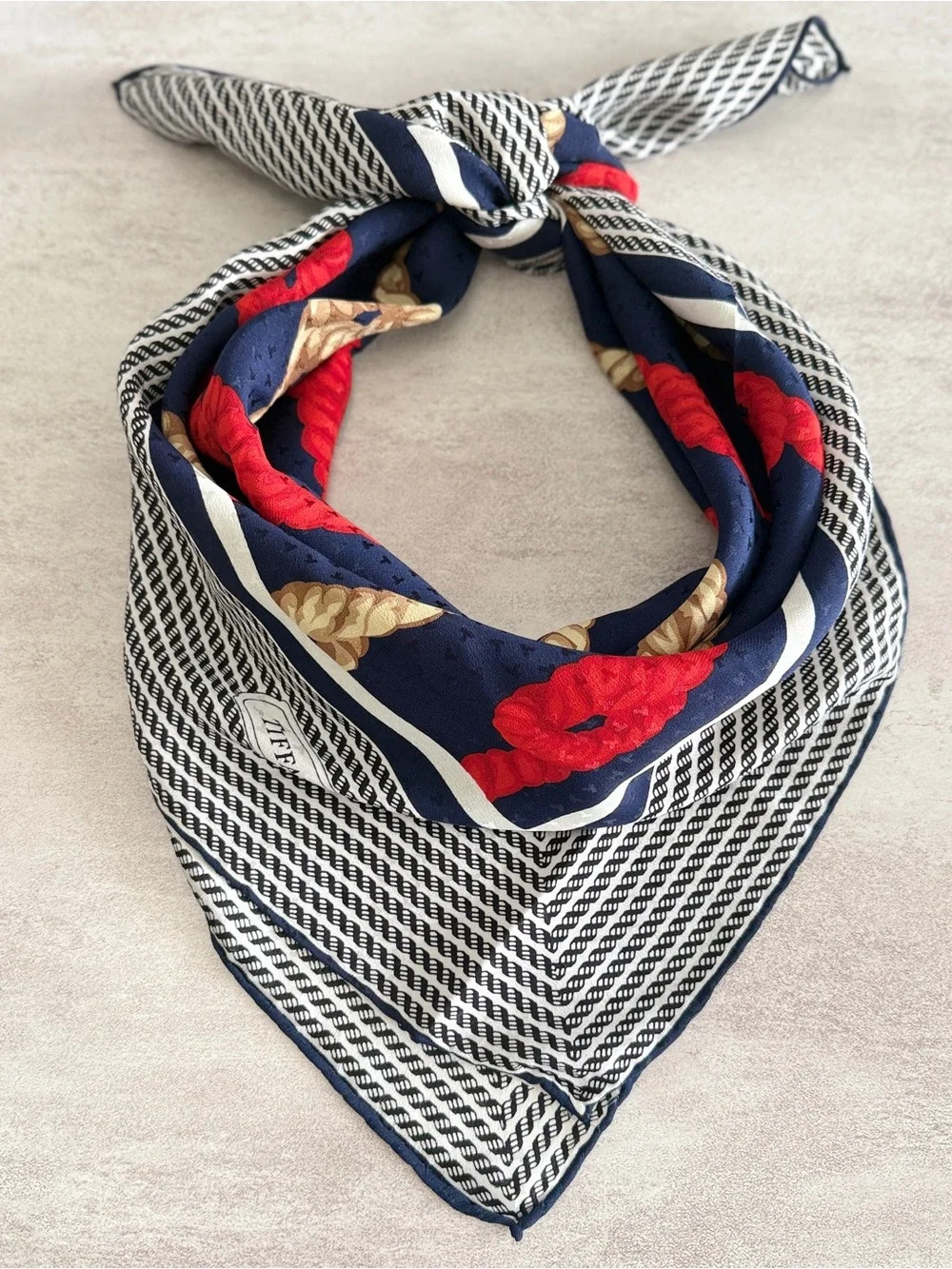 Tiffany & Co. Navy, Red & Gold Floral Silk Scarf with Graphic Border